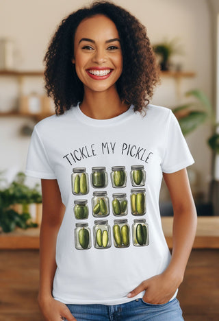  'Tickle My Pickle' tee! A pickle party on your chest, complete with cheeky jars